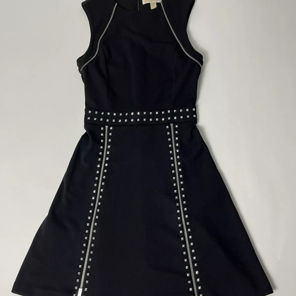 Michael Kors slvless Pyramid Studded Dress w/ Zipper Details, Black Ponte, Small